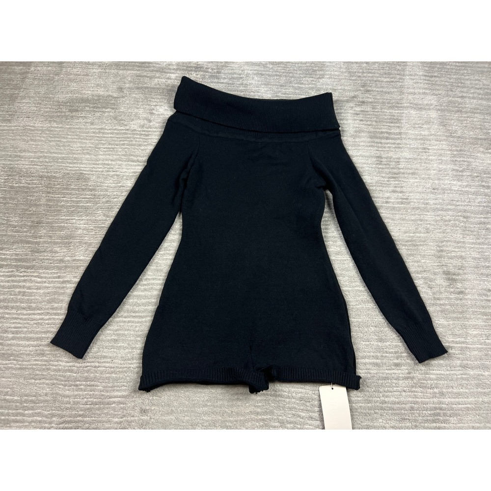 Musera Knit Romper Women S Black Off-the-Shoulder Long Sleeve Ribbed‎ Trim Slim
